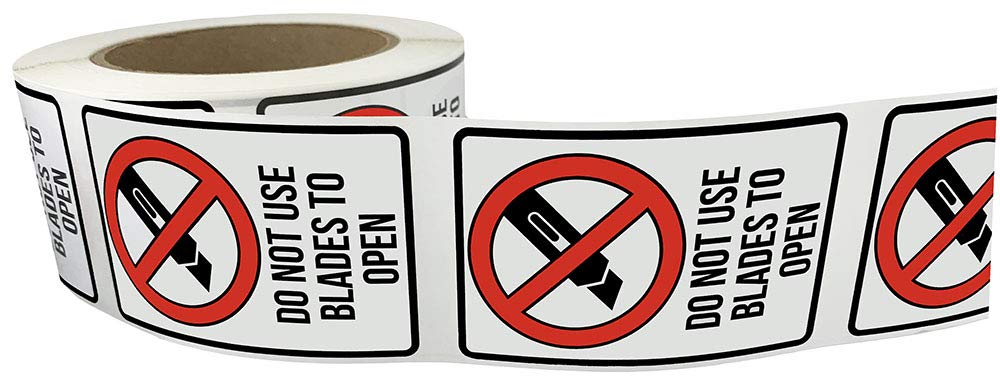 Color-coding labels , 2 x 3 inch adhesive stickers with "Do Not Use Blades to Open Labels" printed, 500-pack