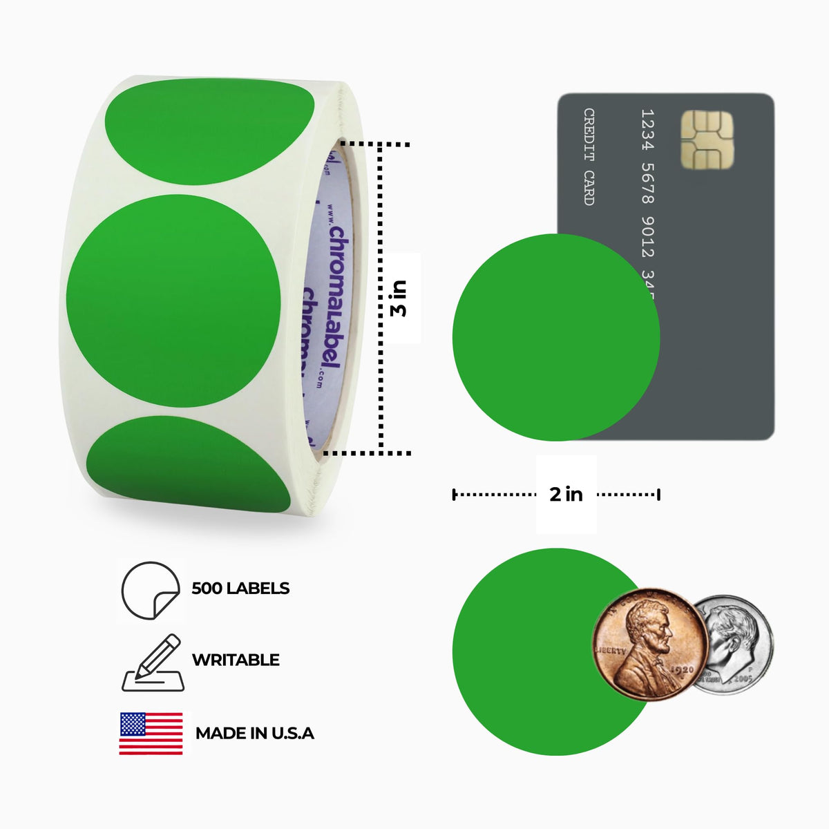 ChromaLabel Green Dot Stickers, 2 Inch, 500/Roll 2"