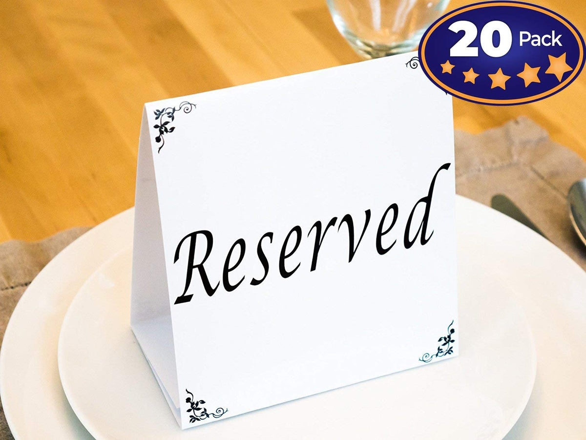 Freestanding Reserved Cards for Wedding Reception Tables, 20 Pk Black and White Design. Double-Sided 5x5.5 Table Tents Are Elegant, Versatile Event Decor for Banquet Hall, Ballroom, Party and Luncheon