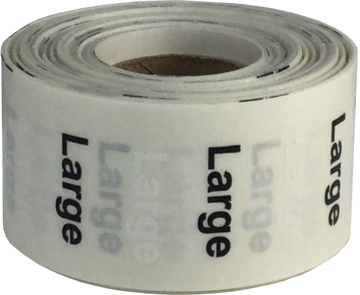 Black and White Modern Clothing Size Large Clear Strips, 1.25 x 5 Inch Wide, 125 Strips on a Roll