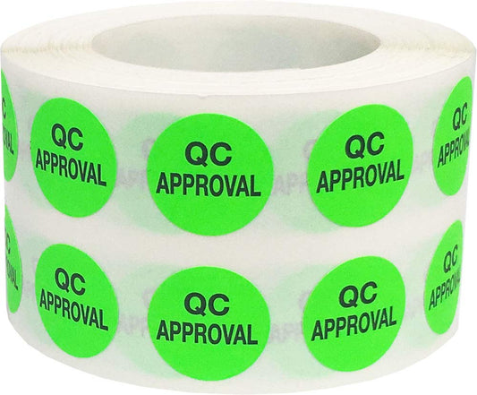 Quality Control Approval Stickers, QC Tester Labels on Fluorescent Green Paper, Suitable for Warehouse and Manufacturing, 1/2 Inch Round, 1000 Labels Per Roll