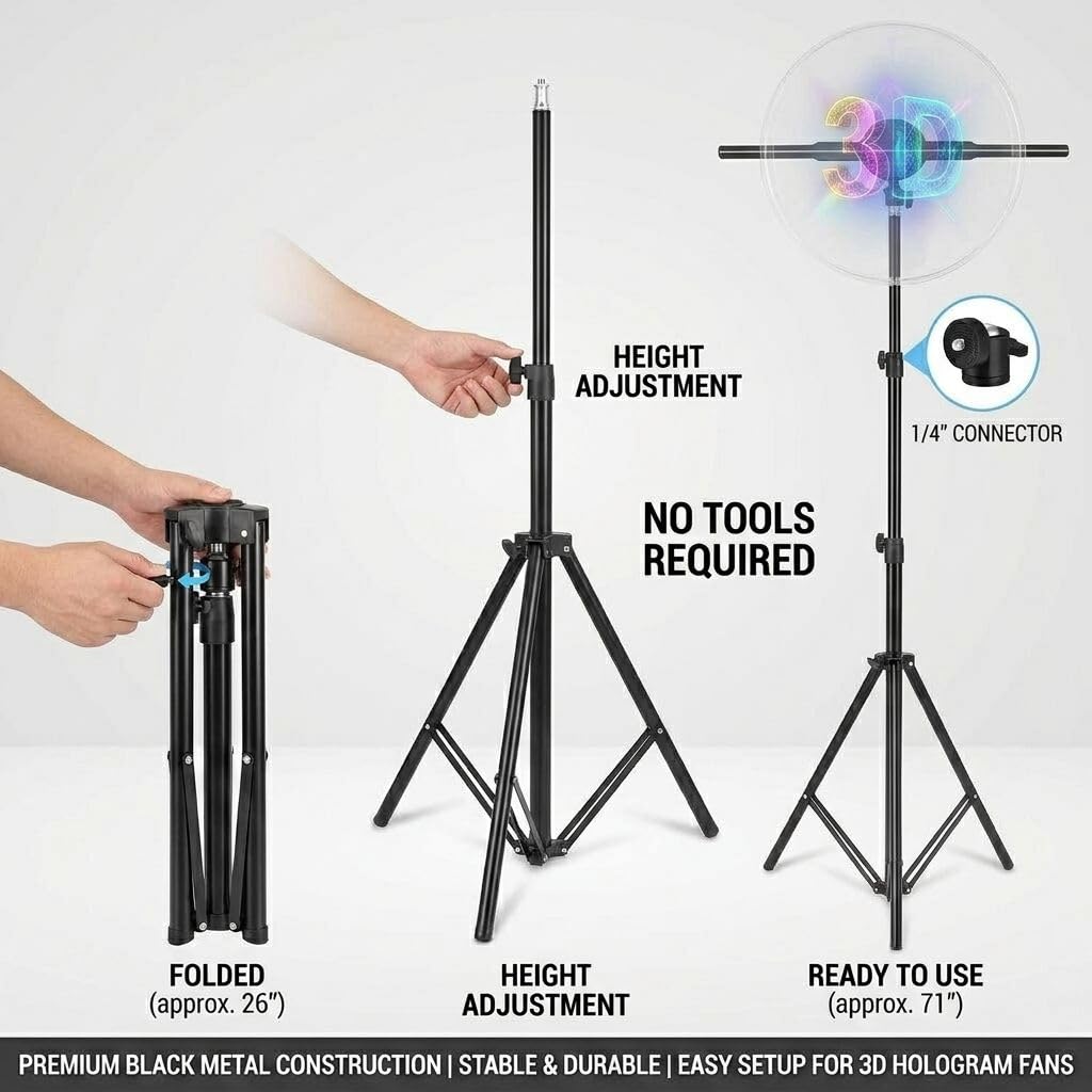 Adjustable Tripod Stand For 3D Hologram Fan, Fits 11–19.7 Inch Hologram Fans, Compatible With 16.5 And 19.7 Inch, Height 26–66 Inch Display Stand For Storefront, Events, Trade Shows