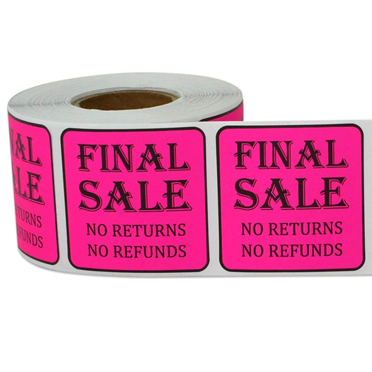 Final Sale Sticker Labels - No Returns and No Refunds Sales Sticker for Garage Sales, Discount Stores, Thrift Shops, Retail, Clearance - 300 Count Pink Square Labels - 1.5 x 1.5 Inch Stickers