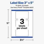 Avery® Matte White Rectangle Labels, 3" x 5", 75 Total 3" x 5" 75 Count