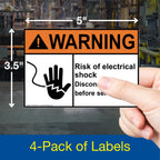 ComplianceSigns.com Warning Risk of Electrical Shock Disconnect Power Before Servicing ANSI Label Decal, 5x3.5 inch 4-Pack Vinyl for Electrical