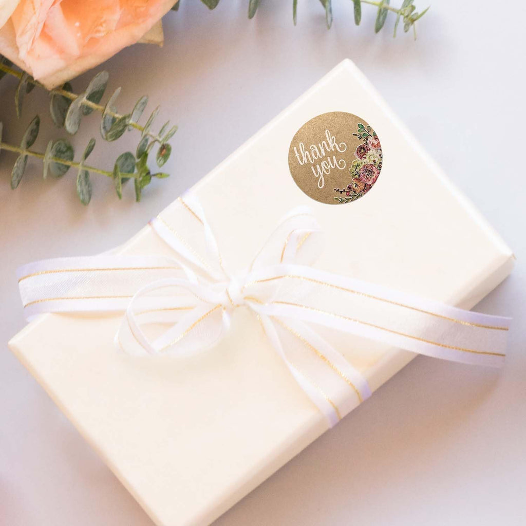 Brown Kraft Floral Thank You Stickers / 1000 Thanks Flowers Labels Roll / 1.5" Round Envelope Seals/Made in The USA Brown