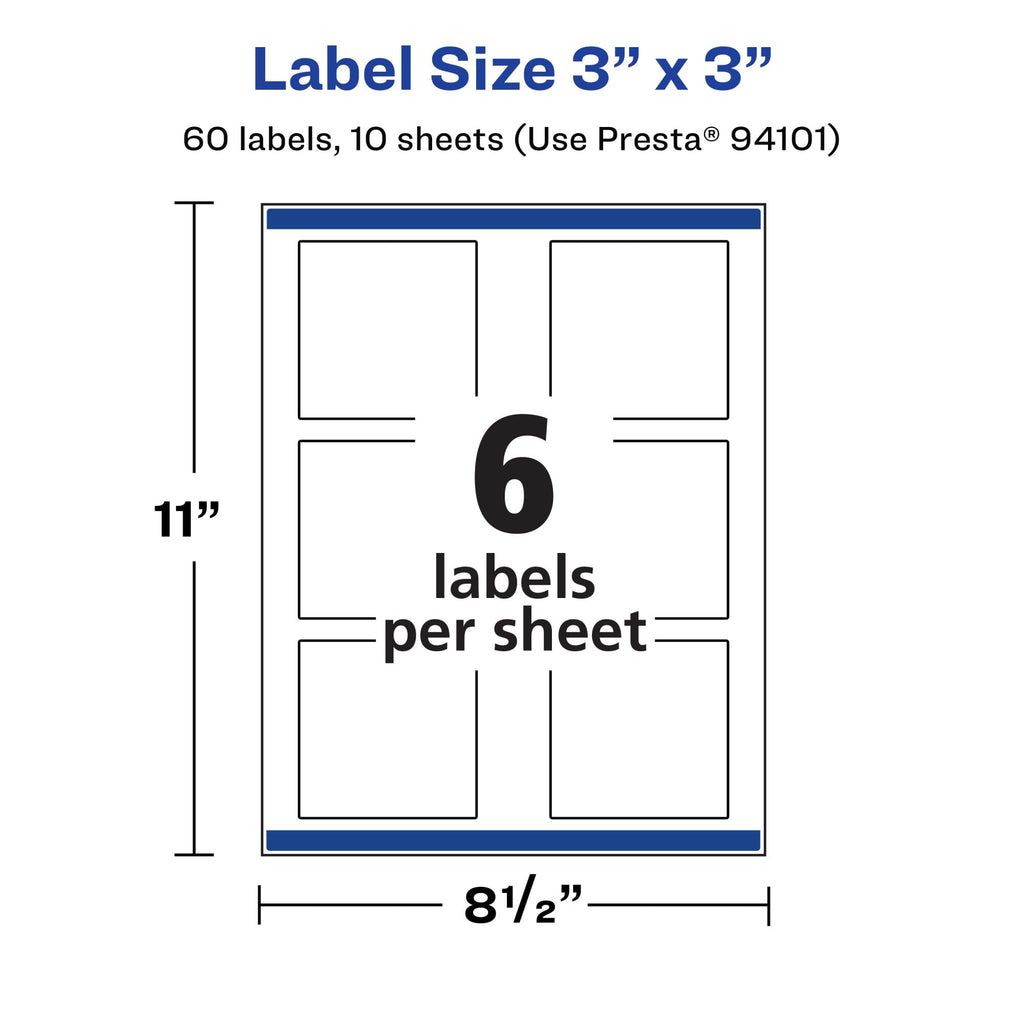 Avery® Printable Durable White Square Labels, Sure Feed® Technology, 3" x 3", Print-to-the-Edge, Waterproof Labels, Laser & Pigment-Based Inkjet Compatible, 60 Total 3" X 3" 60 Count