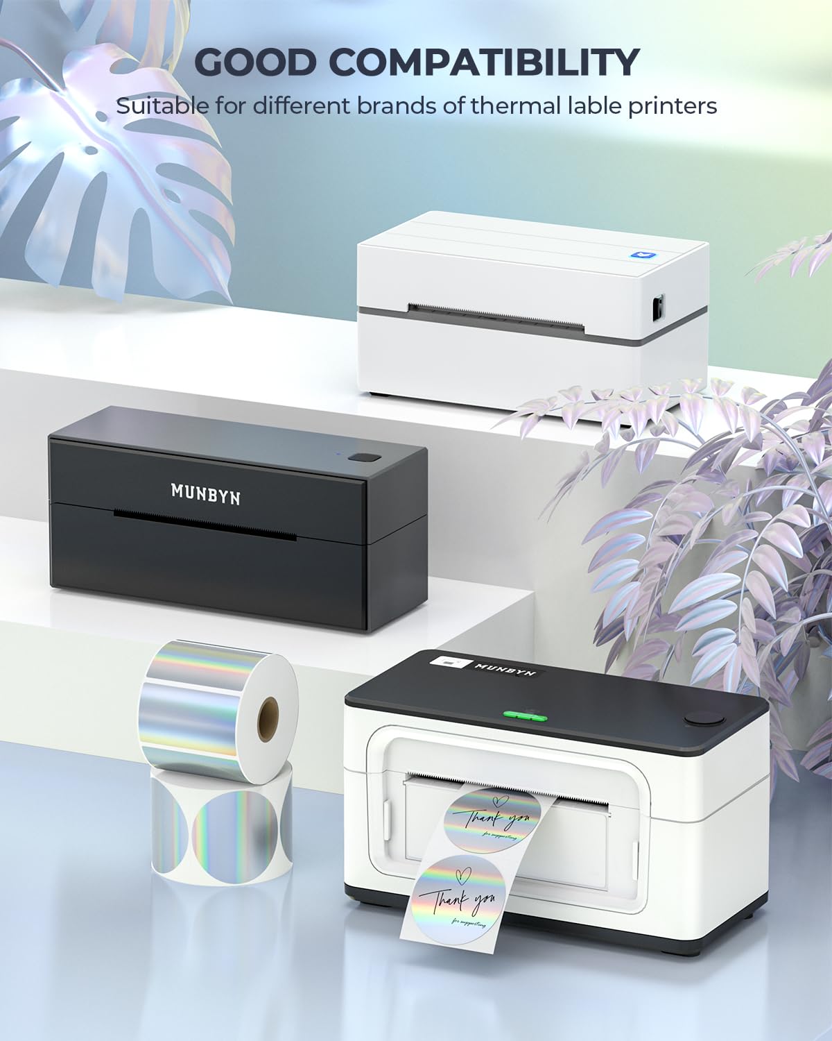 MUNBYN 2.25x1.25 Holographic Thermal Labels, 400 Sheets/1 Roll, Silver 2.25"X1.25" Holographic Silver
