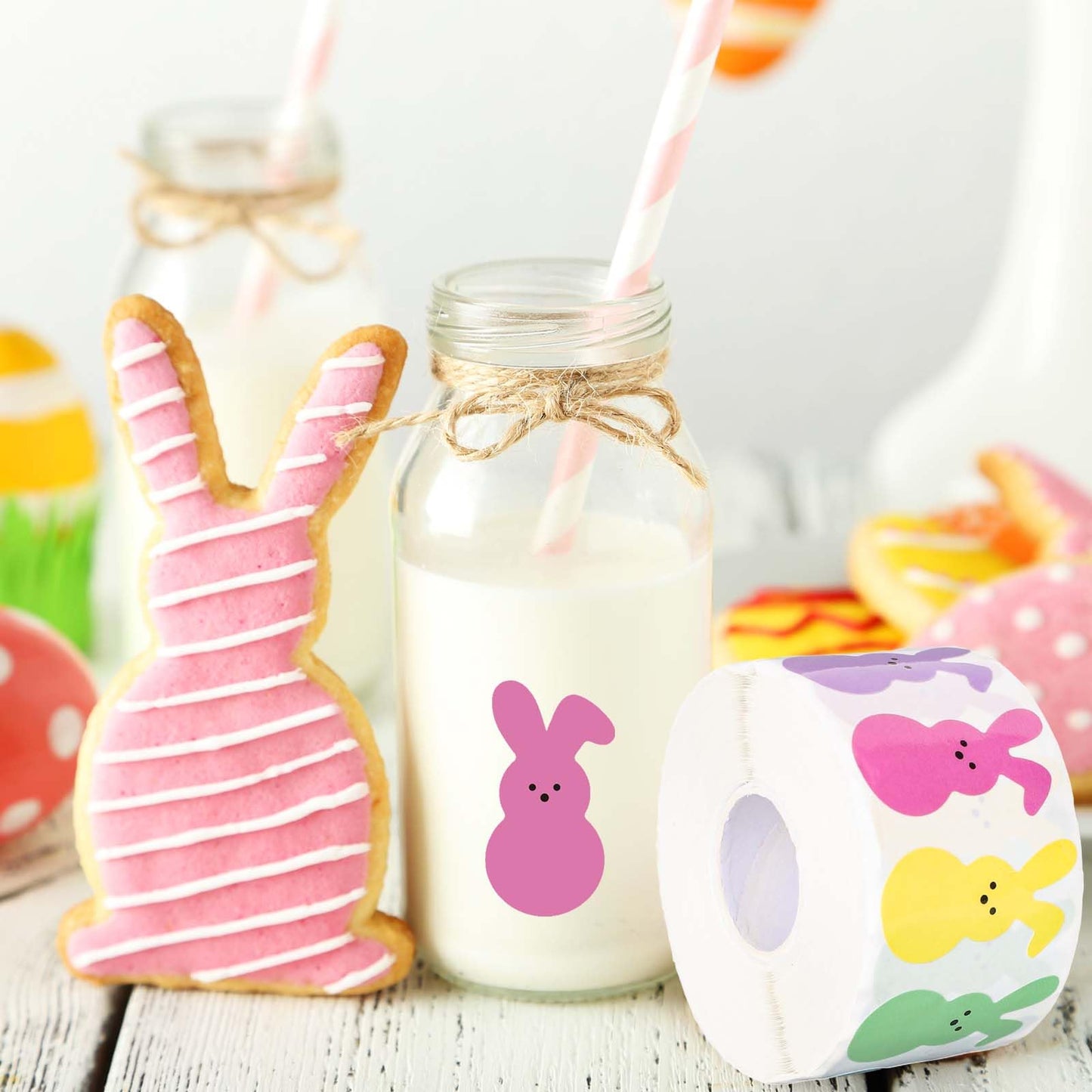 Whaline 1000Pcs Colorful Bunny Stickers Easter Bunny Stickers in Roll Rabbit Pattern Label Self-Adhesive Stickers for Easter Holiday Party Boxes Cards Seal Envelopes, 5 Colors
