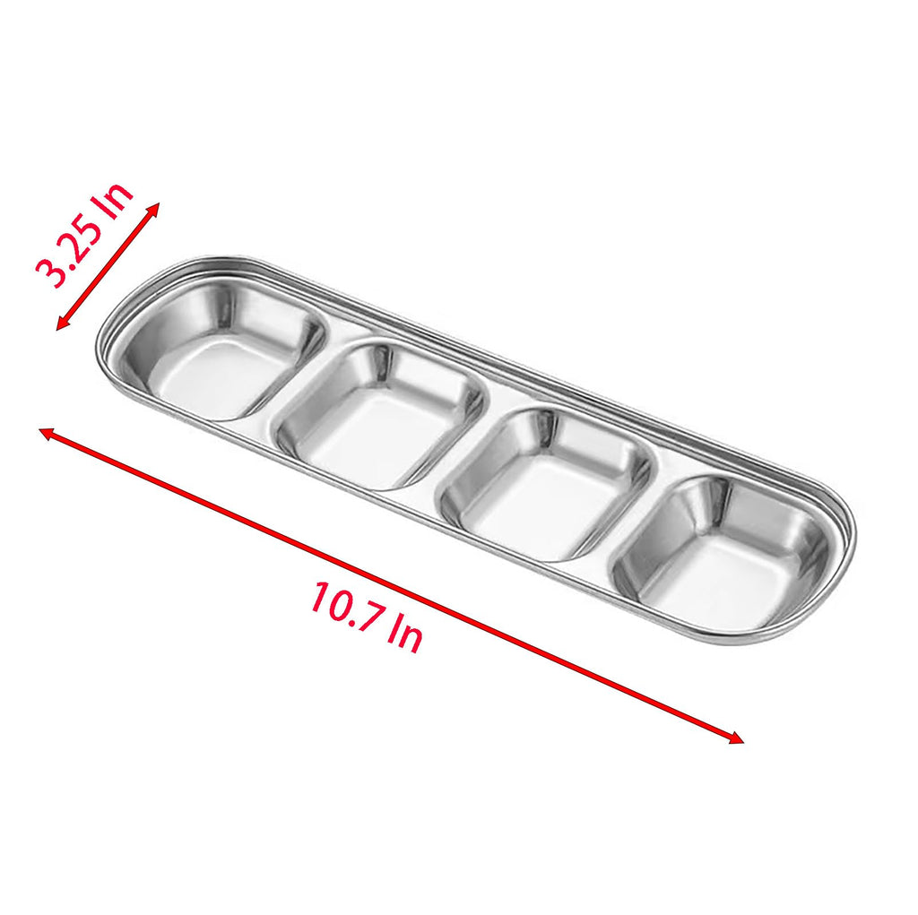 2 Pcs Seasoning Dish, 4 Grid Stainless Steel 10.7 Inch x 3.25 Inch Sauce Tray for Kitchen and Outdoors Party (2) 2