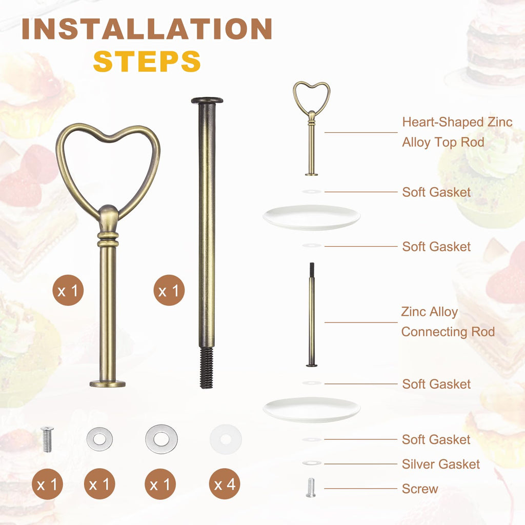 METALLIXITY 2-Tiers Cake Tray Stand Handle Metal Bronze Heart Shape 2 Set