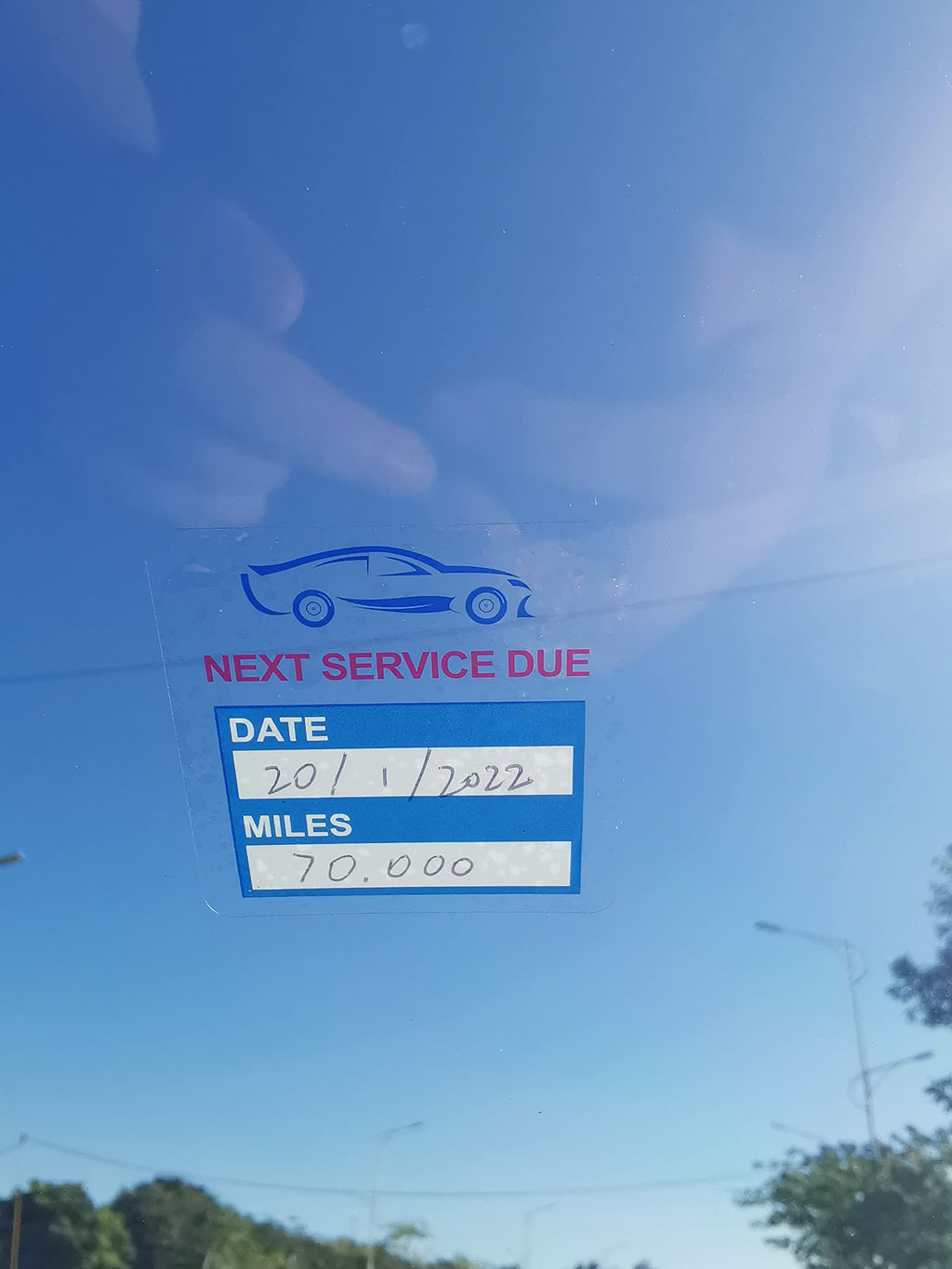 Blue 2x2 inch Poskornwel "Next Service Due" static cling labels for oil change reminders, 60 pack easy to remove windshield stickers