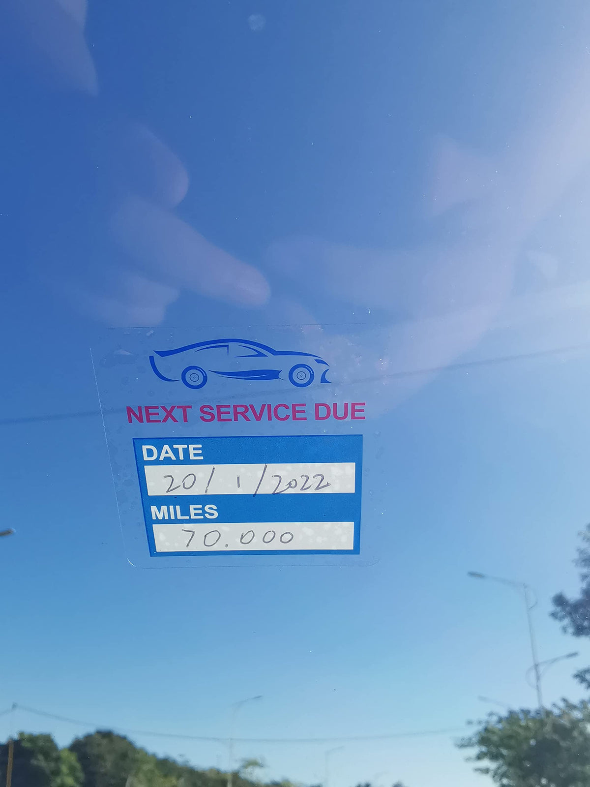 Blue 2x2 inch Poskornwel "Next Service Due" static cling labels for oil change reminders, 60 pack easy to remove windshield stickers