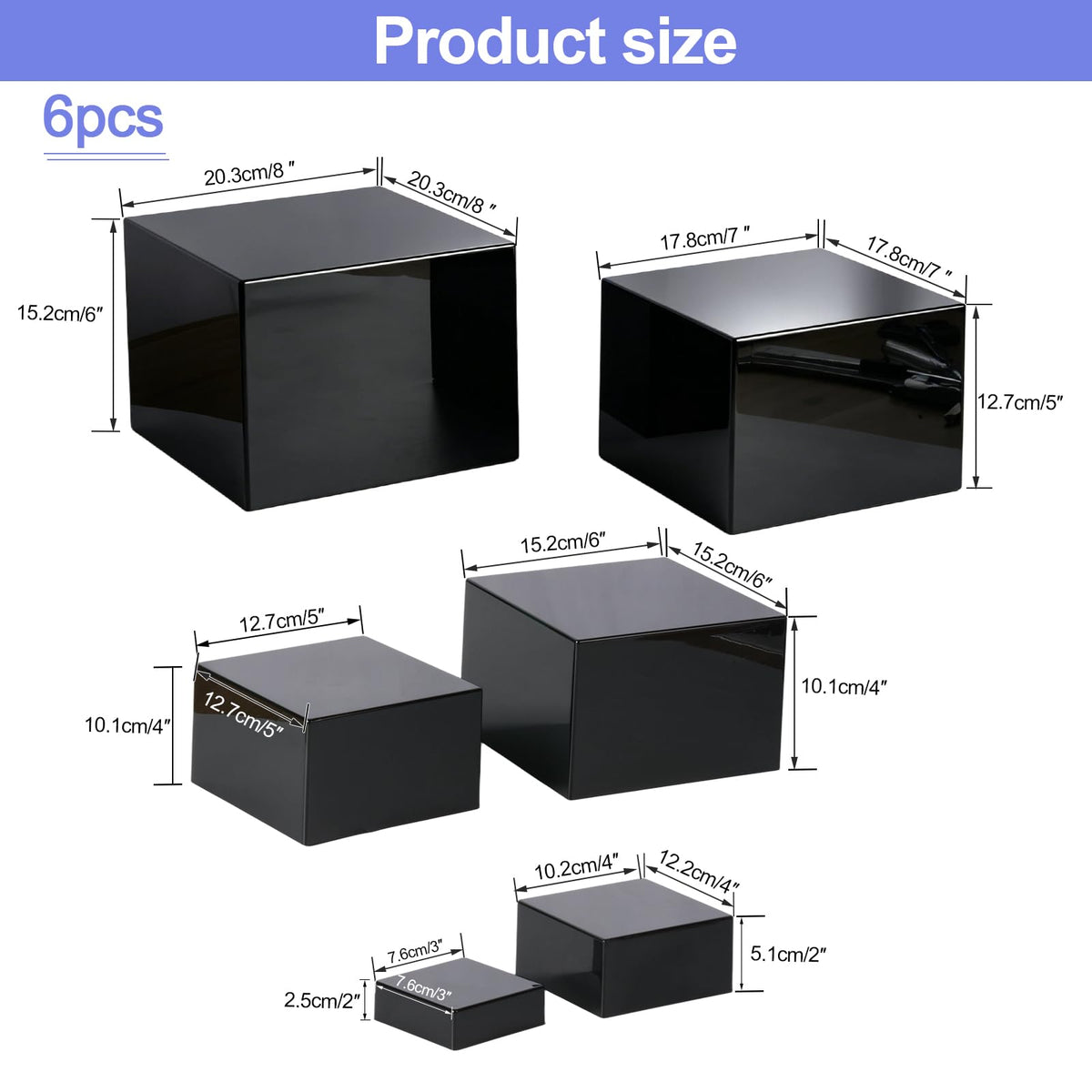Saim Acrylic Buffet Risers Display Stands 3" To 8" Square, 6pcs Black