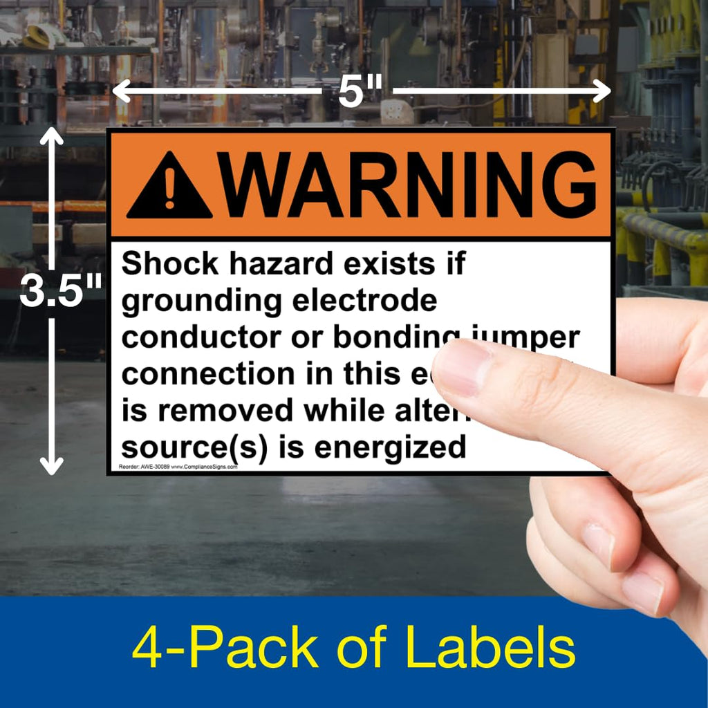 ComplianceSigns.com Warning Shock Hazard Exists If Grounding Electrode ANSI Label Decal, 5x3.5 inch 4-Pack Vinyl for Electrical