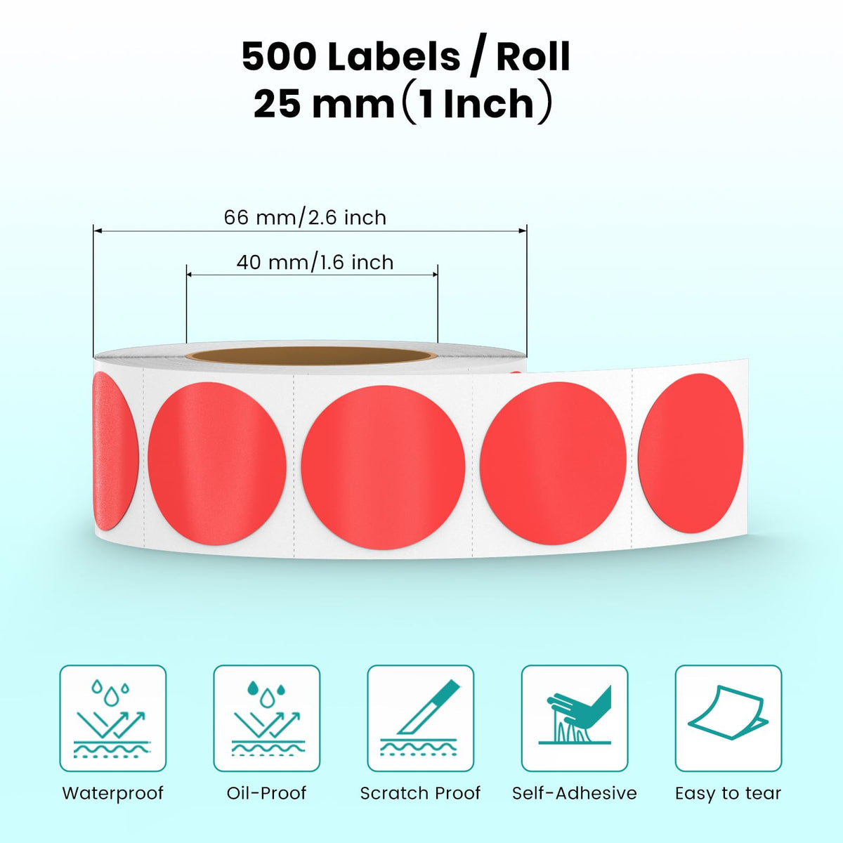 Red Round Thermal Labels 1 Inch Waterproof Vinyl Stickers 500 PCS Red
