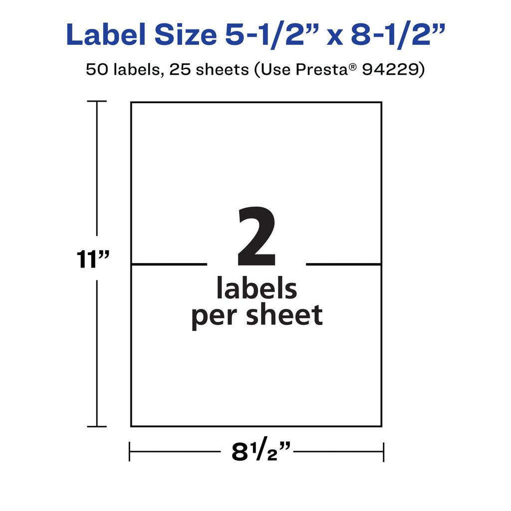 Avery® Printable Durable White Rectangle Labels, 5.5" x 8.5", Waterproof Labels, Laser & Pigment-Based Inkjet Compatible, 50 Total, Great for Product Branding, Marketing, and More 50 labels