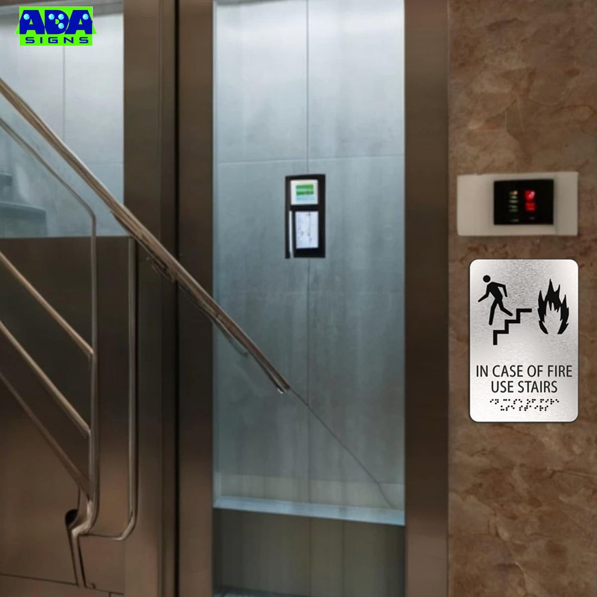 IN CASE OF FIRE Use Stairs sign , ADA Compliant, Man, Fire & Stair Symbols, Brushed Silver, Raised Black Text, Non Tactile Pictograms, Grade 2 Braille, 6"x9"