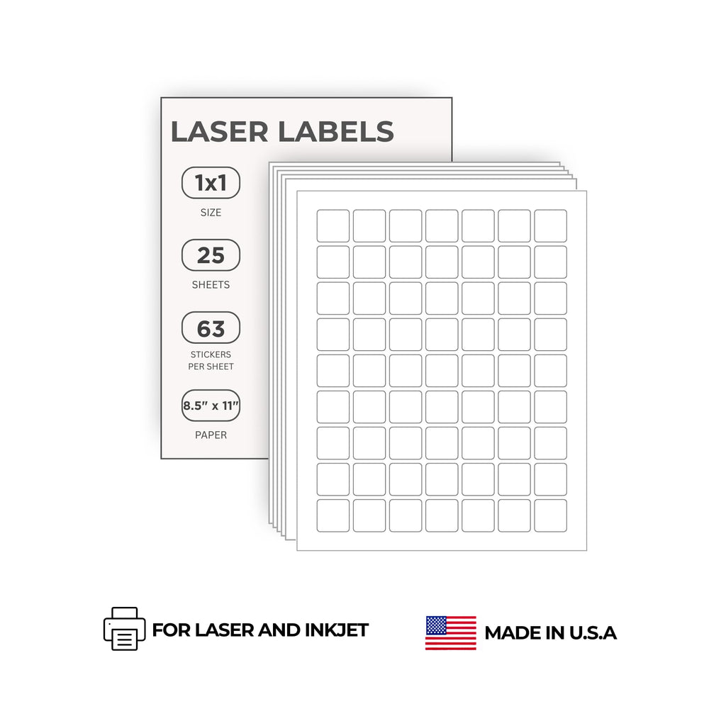 White 1x1 inch printable labels from ChromaLabel for laser and inkjet printers, showing sheets with 63 labels each.