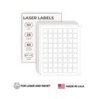 White 1x1 inch printable labels from ChromaLabel for laser and inkjet printers, showing sheets with 63 labels each.