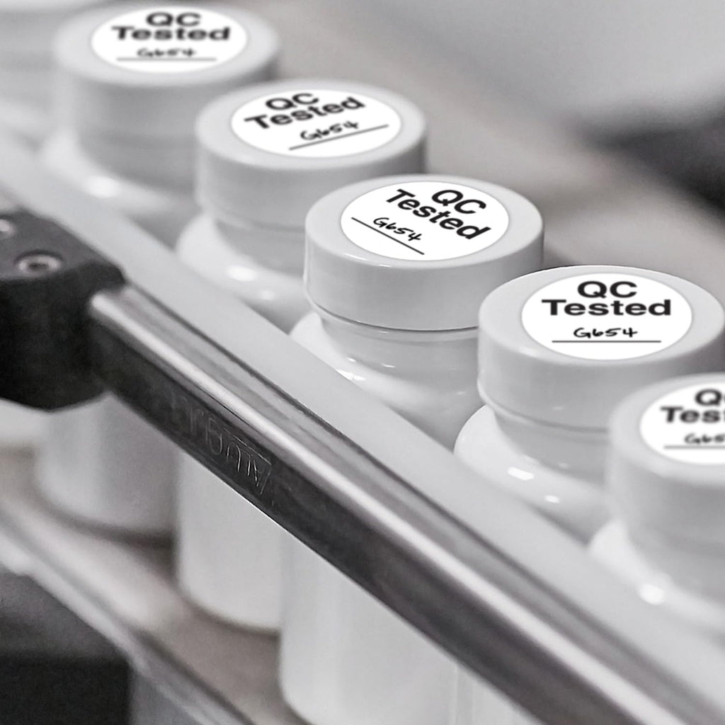 White ChromaLabel 3/4 inch round color-code stickers, QC tested, in a 500-pack for quality control and organization.