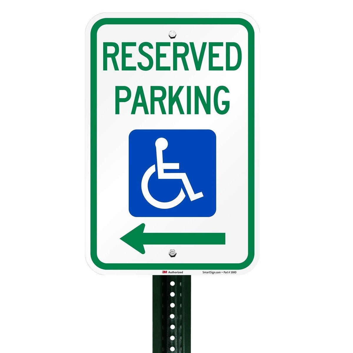 "Reserved Parking" Federal Handicap Parking Sign with Left Arrow By SmartSign | 12" x 18" 3M Engineer Grade Reflective Aluminum 12" x 18" EG Reflective Aluminum - Reserved Parking Sign with Left Arrow