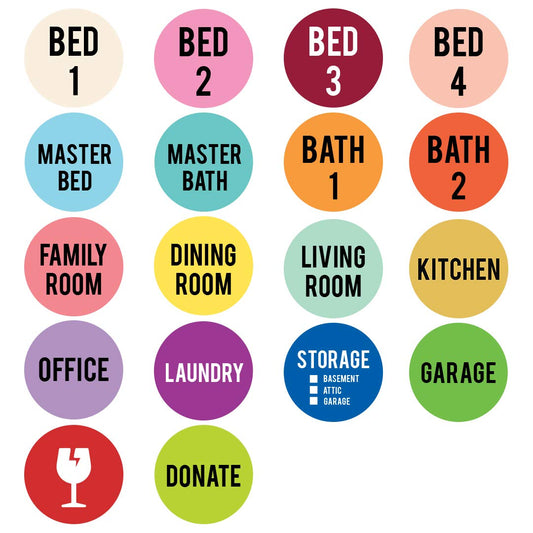 Andaz Press 720 Moving Labels for Boxes Color Coded, 1-5 Bedroom House Apartment 16 Different Living Spaces + Fragile, Donate Stickers, 2 Inch Circle Stickers Moving Box Stickers House Moving Labels