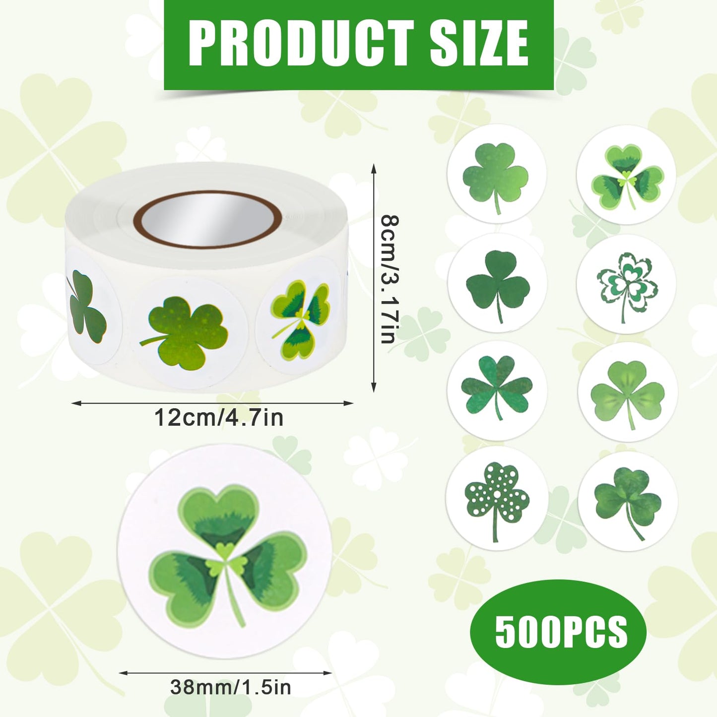 500pcs St. Patricks Day Stickers, Green Shamrock/Clover Stickers Roll Self Adhesive St Patricks Day Decal Labels Decor Irish Saint Patricks Day Decorations Gifts for Party Craft Bags School