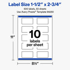 Avery® Matte White Rectangle Labels, 1.5" x 2.75", 500 Total 500 labels
