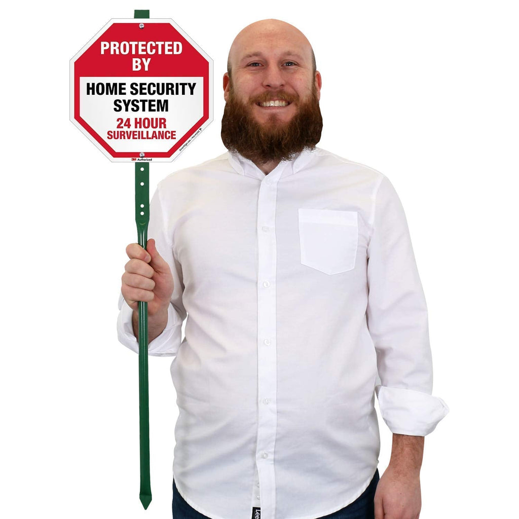 SmartSign 10" x 10" 'Protected By Home Security System 24 Hour Surveillance' Yard Sign with 3 ft Stake, 40 mil Aluminum 3M Laminated Engineer Grade Reflective, Red/Black/White Reflective Aluminum Sign with 3' Stake
