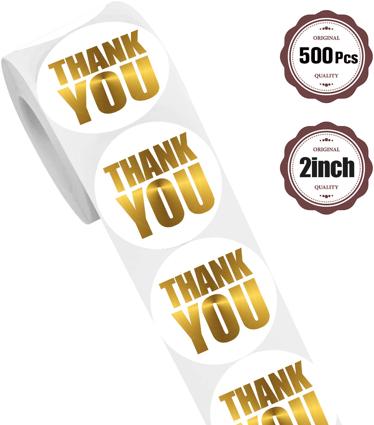 Large White Thank You Stickers 2 inch - Gold Foil Personalized Sealing Circle Labels, Ideal for Gift Packaging & Small Business | 500 Labels Per Roll Gold on White