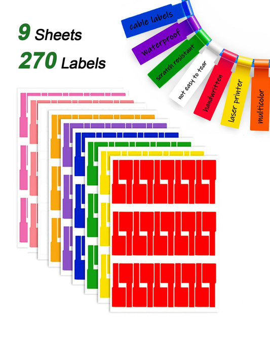 270 Pcs Cable Labels - 9 Colors, Waterproof, Self-Adhesive, Tear Resistant Wire Labels for Electronics & Laser Printer 9 Sheet/9 Colors (270 Pcs)