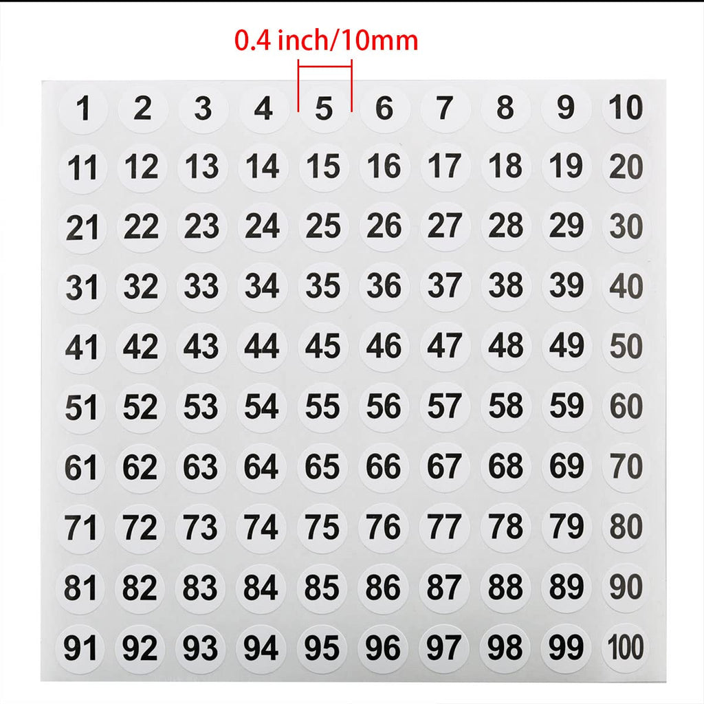 Vinyl Number Sticker 1-200, White on Black, 20 Sheets, 0.4 Inch Round, Self-Adhesive, Waterproof, Indoor Use, 2000 Pieces in Total