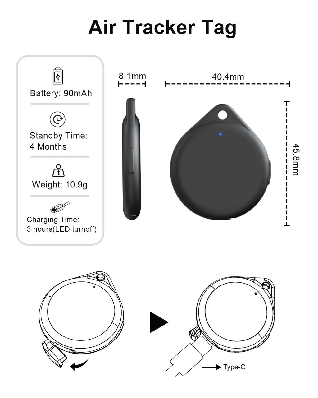 Bluetooth Android Tracker Tags,USB-C Rechargeable Key Finder(4Black) Black