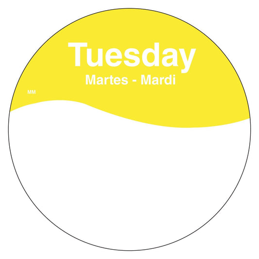 DayMark Safety Systems MoveMark IT110108 Day of The Week Trilingual Removable Label, Tuesday, 3" Circle, Yellow, Roll of 500