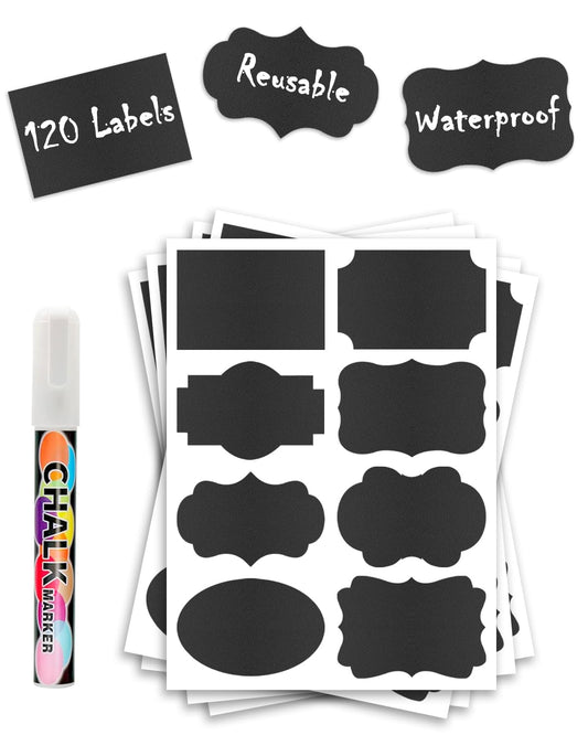 120 Pcs Chalkboard Labels for Storage Bins, Removable Chalk Sticker for Jars Containers Storage Bins, Assorted Shapes - Canning Labels, Bottle Labels, Food Labels Includes Erasable Liquid Chalk Marker Assorted Shapes (120 Labels)