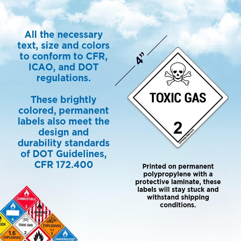 ChromaLabel 4x4 hazard label for class 2 toxic gas, durable square D.O.T. industrial label, 100 per roll, white background with hazard symbol