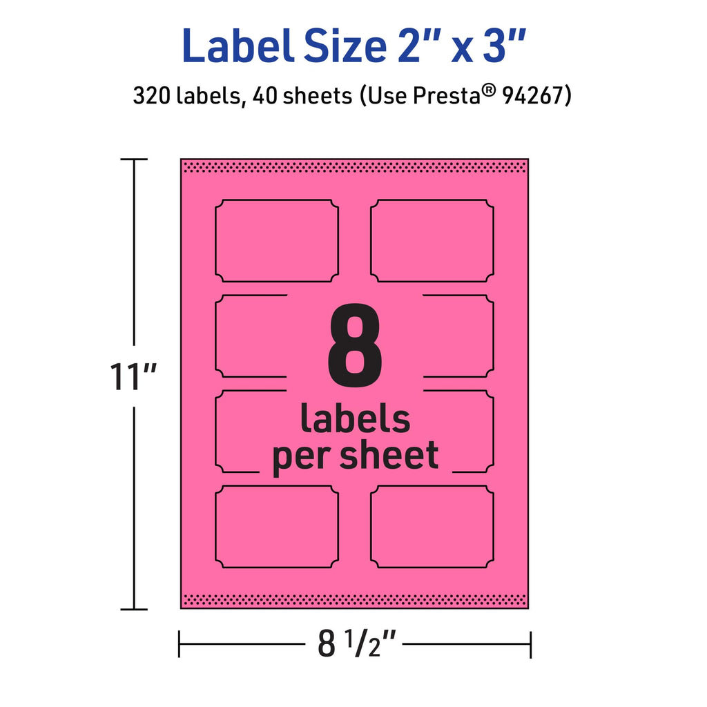 Avery Printable Rectangle Scalloped Labels, Sure Feed Technology, 2" x 3", Bright Pink Labels, Print-to-The-Edge, Laser/Inkjet Printable, 320 Total, Great for Mailing and Candles 320 labels
