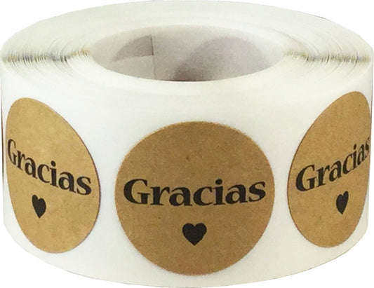 Gracias Spanish Thank You Natural Kraft Adhesive Stickers 1 Inch Round Circle Dots 500 LabelsPer Roll