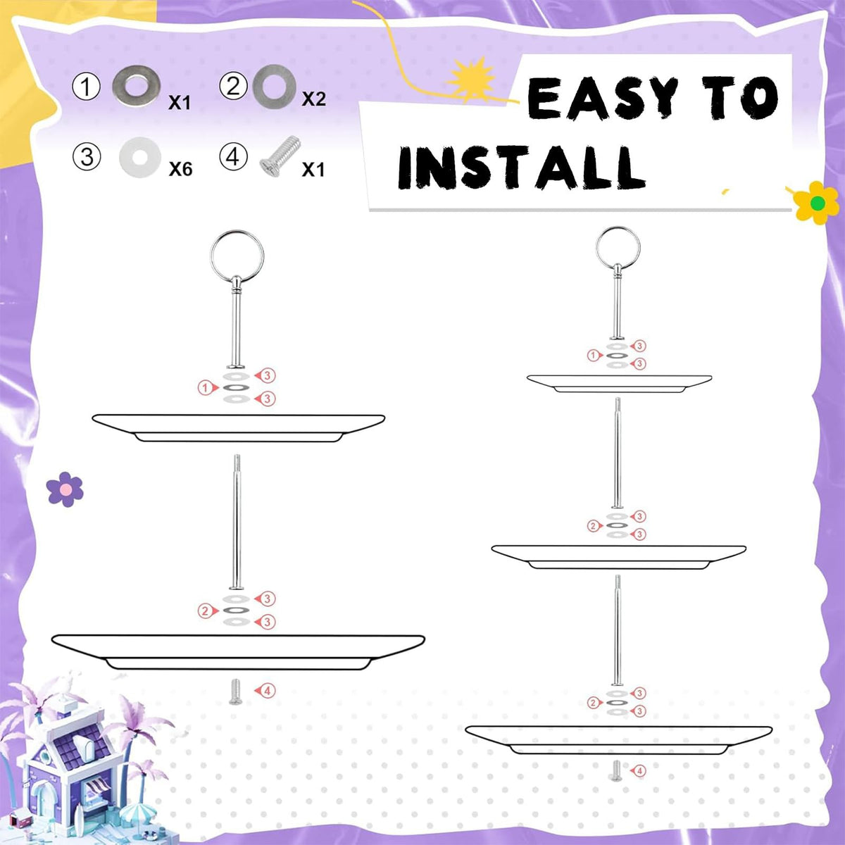 4 Set 3-Tier Cupcake Stand Hardware Handles, Tiered Tray Plate Hardware Kit, Zinc Alloy Cake Plate Stand Handle Fittings with Screws, Heavy Metal Cake Stands Holder, Round