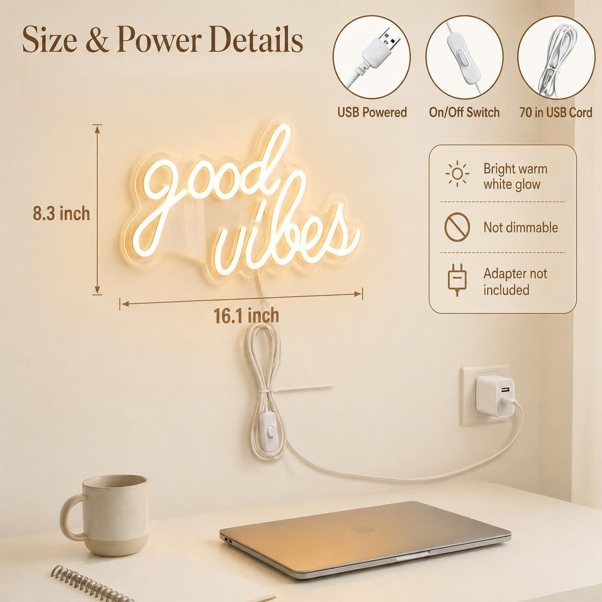 DECANIT Good Vibes Neon Sign Warm White, USB Powered LED Wall Decor