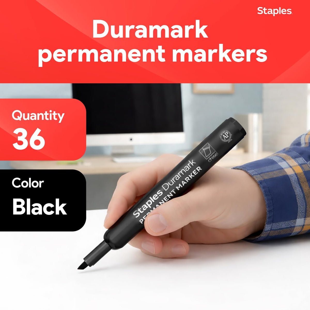 Staples Tank Permanent Markers, Chisel Tip, Black, 36 Pack