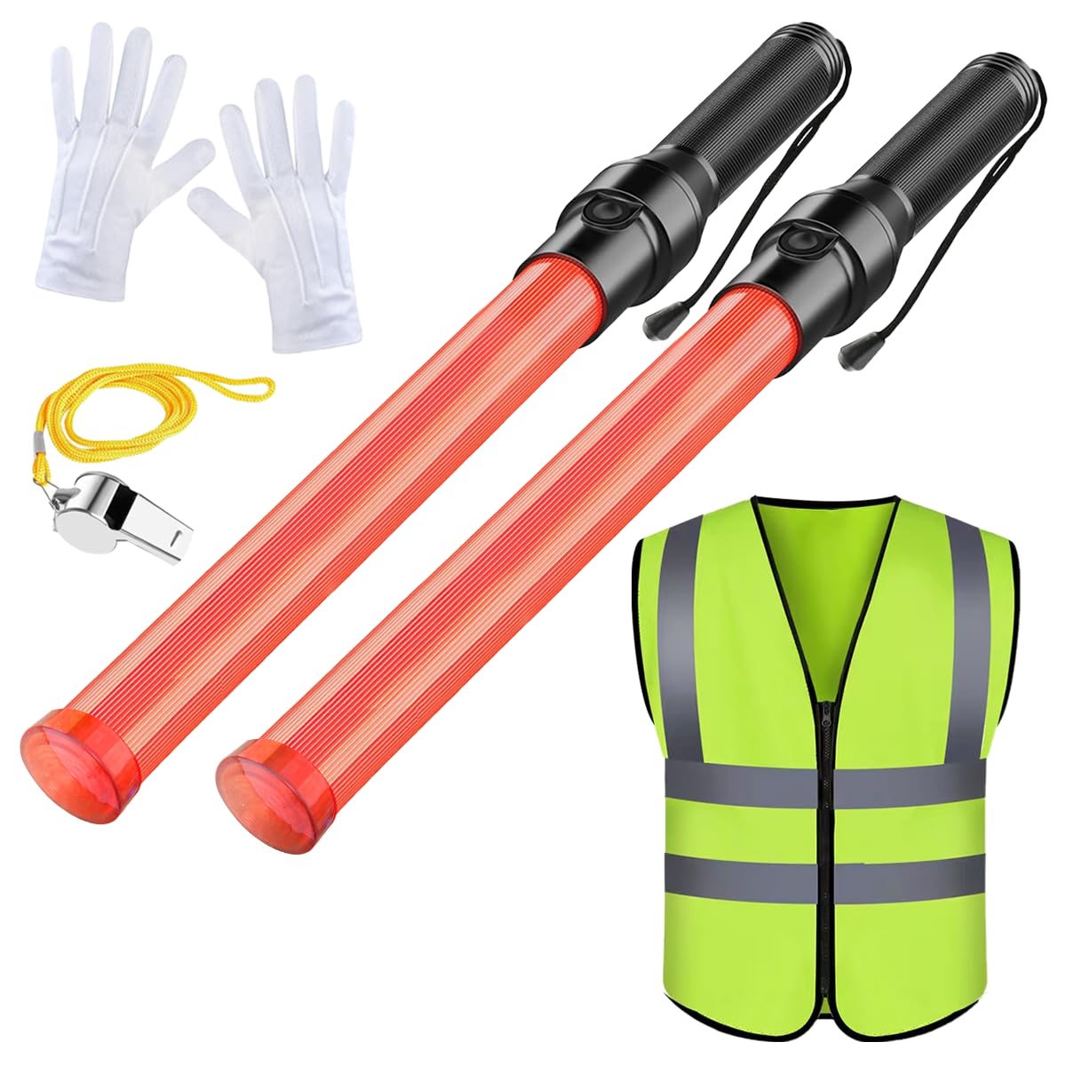 2 Pack Traffic Wand and Reflective Safety Vest, Traffic Control Tool Kit Whistle and Gloves, 21 Inch Traffic Control Wand with 6 Red LED Lights Inside for Parking, Car Directing and Outdoor Use