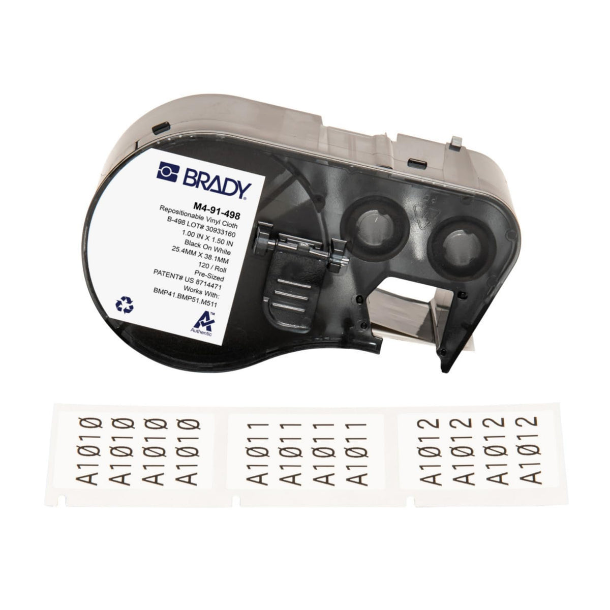 Brady Authentic (M4-91-498) Repositionable Multi-Purpose Vinyl Cloth Labels 1.5" H x 1" W Black on White, 120 Labels. for use with the BMP41, BMP51, and M511 Label Printers