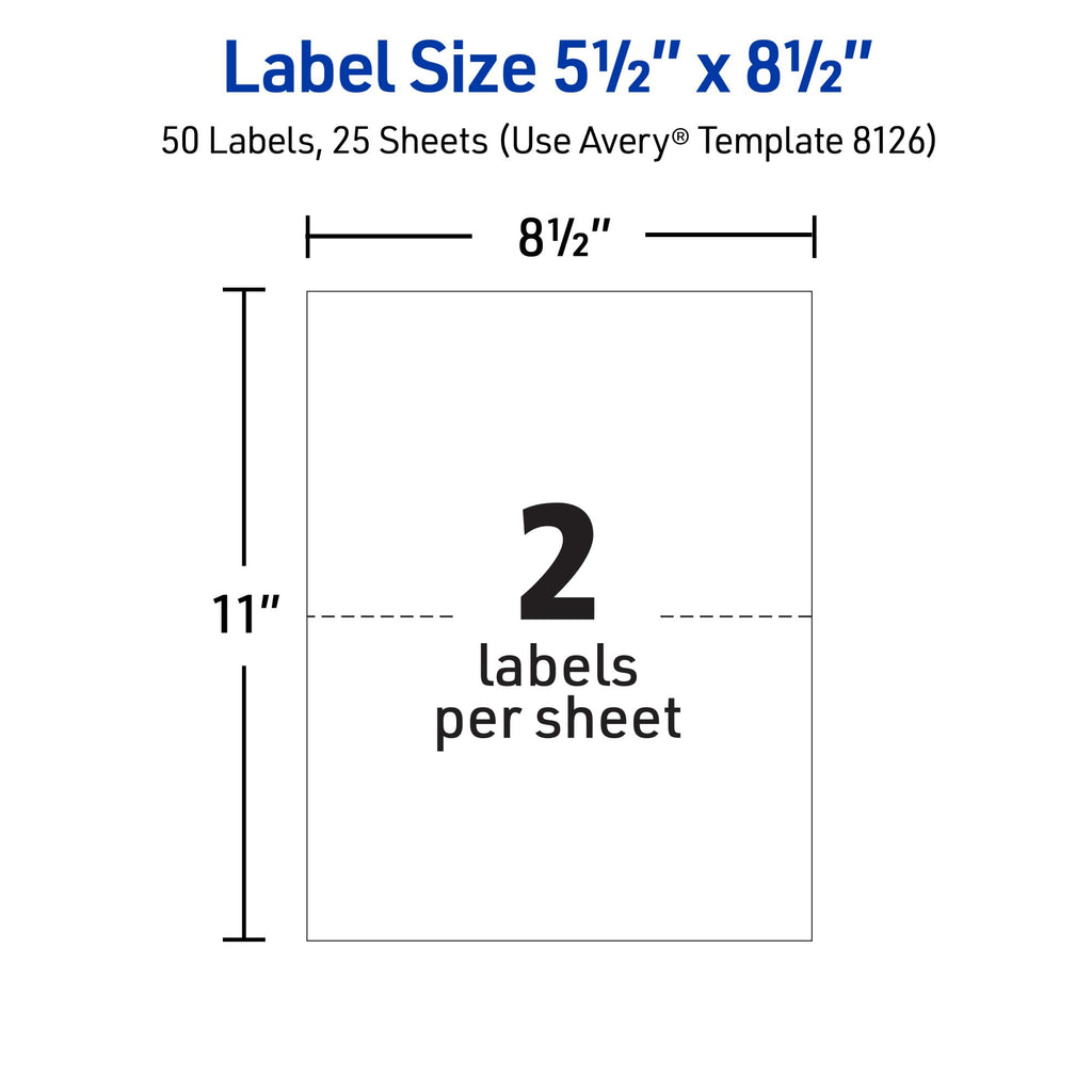 Avery Half-Sheet Printable Shipping Labels, 5.5" x 8.5" Customizable Stickers, White, 50 Blank Mailing Labels, Great for Mailing, Shipping, Organizing, and More (8126) 50 Count