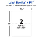Avery Half-Sheet Printable Shipping Labels, 5.5" x 8.5" Customizable Stickers, White, 50 Blank Mailing Labels, Great for Mailing, Shipping, Organizing, and More (8126) 50 Count