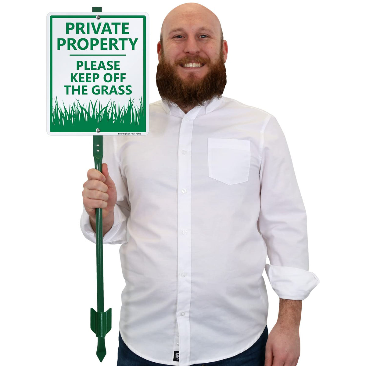 SmartSign 12 x 10 inch “Private Property - Please Keep Off Grass” LawnBoss Yard Sign with 3 foot Stake, 40 mil Laminated Rustproof Aluminum, Green and White, Set of 1
