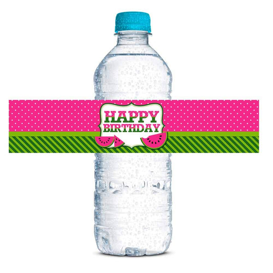 Sweet Celebration Pink Watermelon Birthday Waterproof Water Bottle Sticker Wrappers, 20 1.75" x 8.5" Wrap Around Labels by AmandaCreation