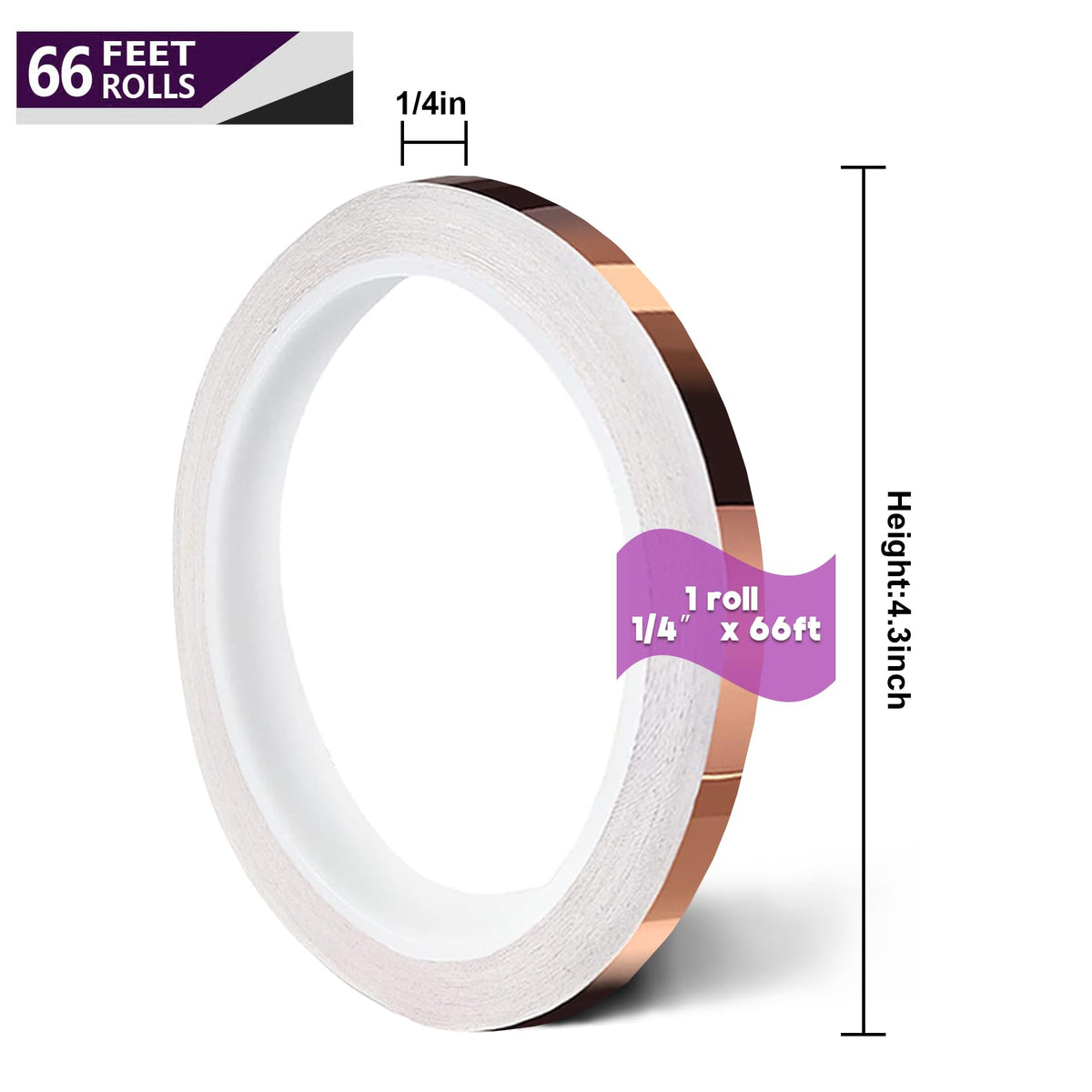 EDSRDRUS Copper Foil Tape with Conductive Adhesive, Double-Sided Pure Copper for EMI Shielding, Stained Glass, Soldering, Slug Barrier, Electrical Repairs (1/4inch x 66ft) 1/4inch x 66ft