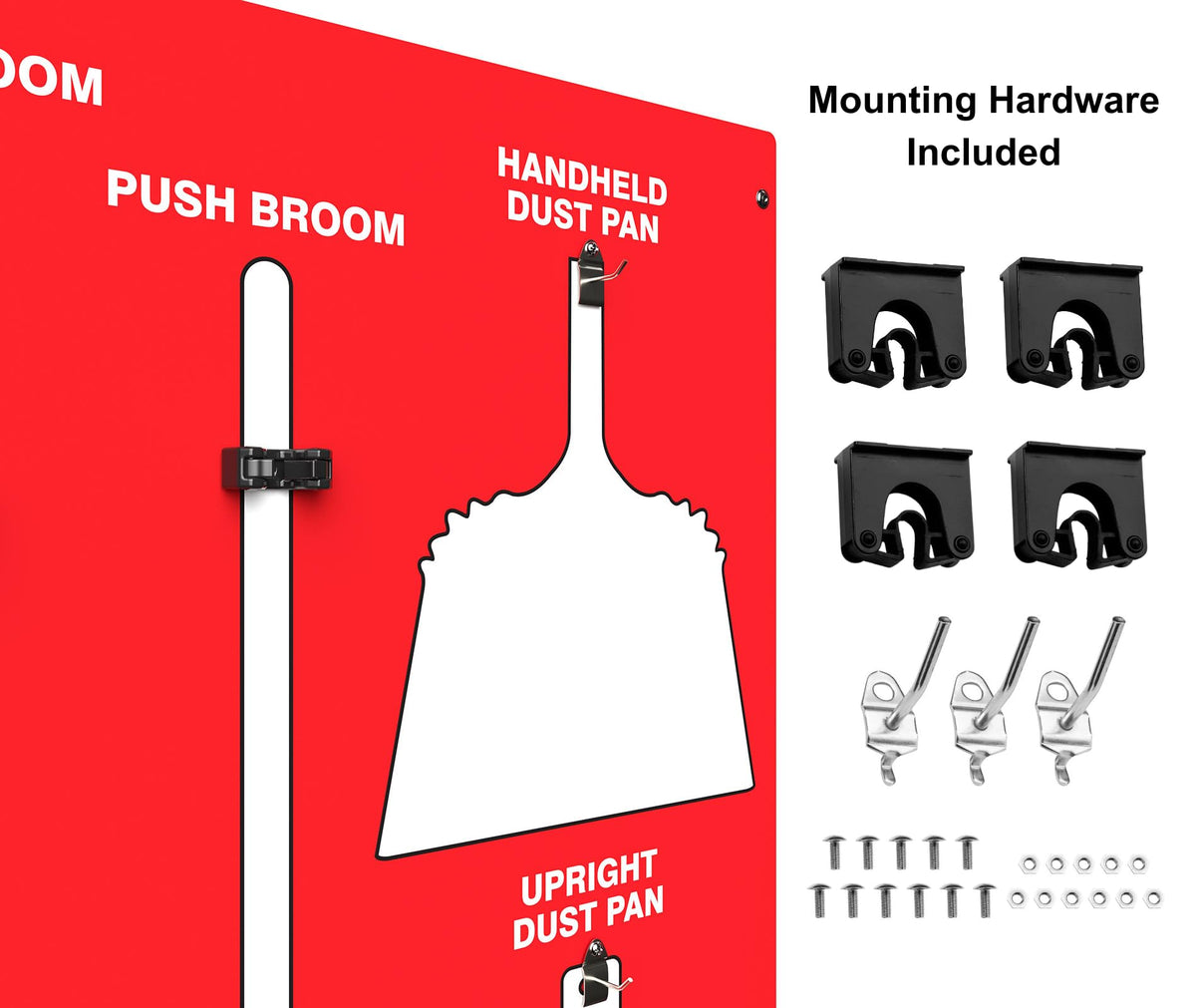 Accuform Clean & Sweep 5S shadow board with broom and dustpan set, wall mount cleaning station in red and white, 68x30 inches